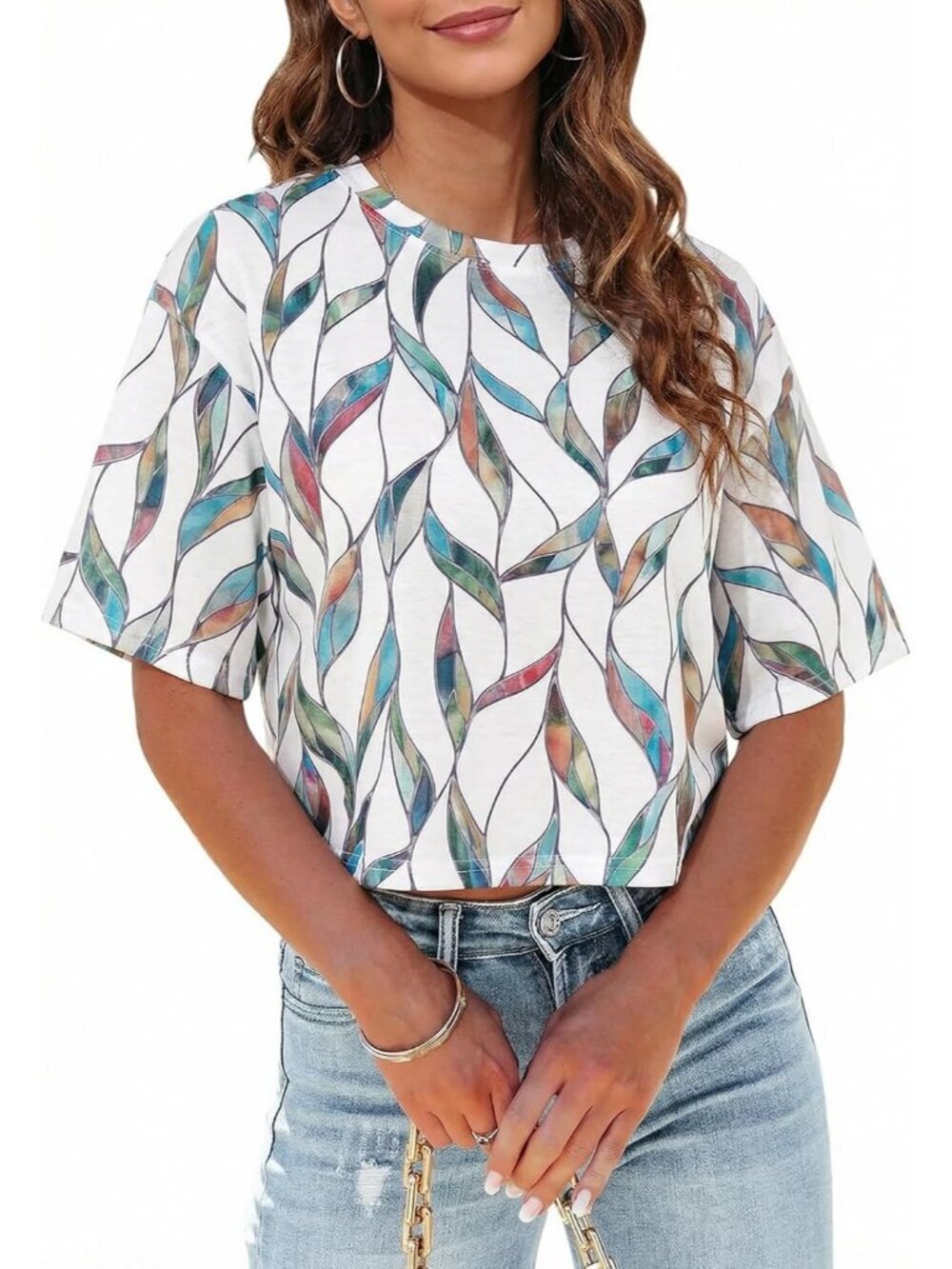 Women's Leaf Green Crew Neck Half Sleeves Loose Fit Casual Pull On Tees Shirts